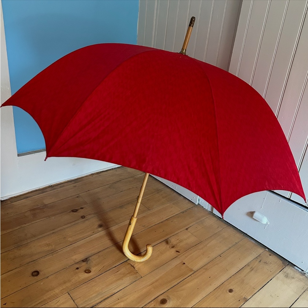 Escada luxury Red Umbrella wood Used With Some Wear But Works Great vintage